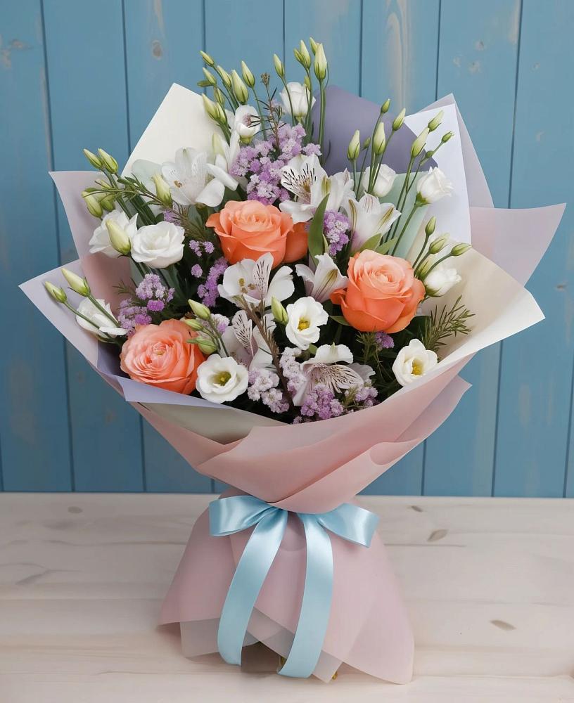 Букет цветов из: Лизиантусы, Розы, Альстромерии и Гипсофила в Заволенье