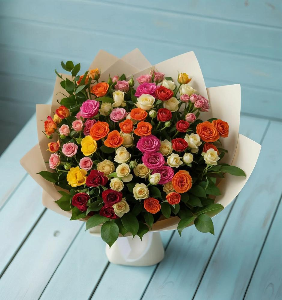 Букет Микс из разноцветных кустовых роз в Заволенье