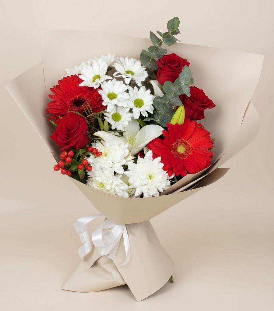 Букет цветов из: Розы, Хризантемы, Герберы и Лилии в Заволенье