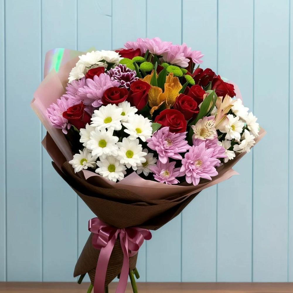 Букет цветов из: Розы, Хризантемы и Альстромерии в Заволенье